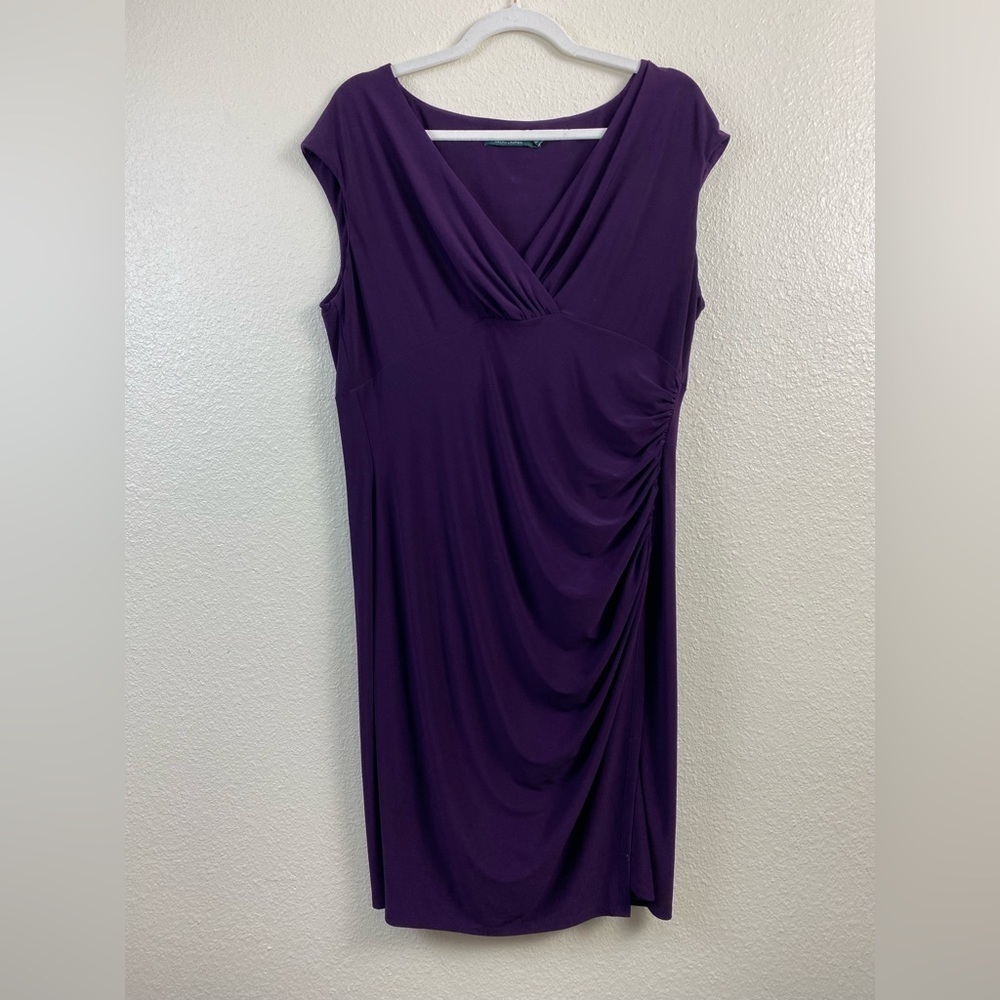 Lauren Ralph Lauren Purple Sheath Ruched Dress V Neck Party Event Womens Plus 16